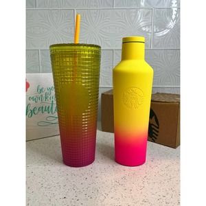 SOLD Starbucks CorkCicle Soft Touch Summer Yellow/Pink SS Kettle Water Bottle